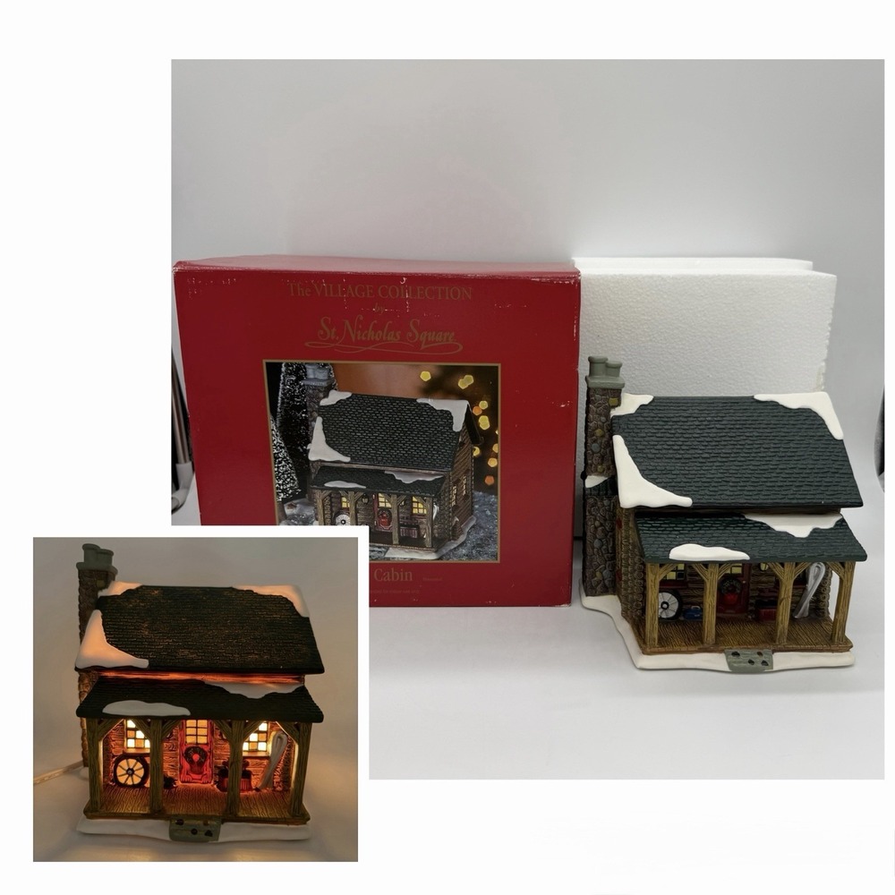 VTG  1998 St. Nicholas Square The Village Collection "LOG CABIN" Lighted w/ Box